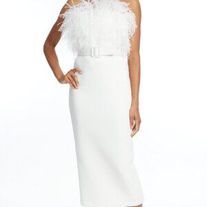 Badgley Mischka - Feather Belted Little White Midi Dress NWT